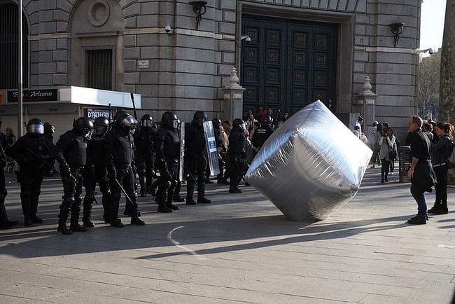 An 'inflatable cobblestone' used as a disrupting tactic in Barcelona in 2012. Credit: Victoria and Albert Museum