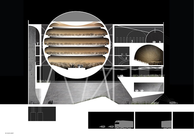 B. Arch, Sean Carey’s Degree Project, showing his community center based upon acoustic conditions, Instructor Doug Jack