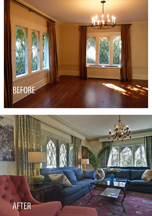 A former Dining Room converted to Family Room. We kept the existing leaded glass windows, cleaned them up and made them operational again.