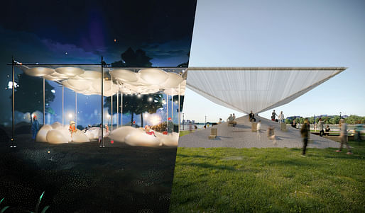 Joint winners of the 2020 City of Dreams Pavilion Competition: The Pneuma by Ying Qi Chen & Ryan Somerville (left) and Repose Pavilion by Parsa Khalili (right)