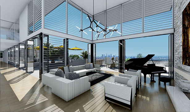 Grand style Livingroom with with city scape and glass doorways to pool and deck