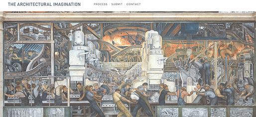 Screenshot from 'The Architectural Imagination' website, featuring Diego Rivera's 'Detroit Industry' mural.