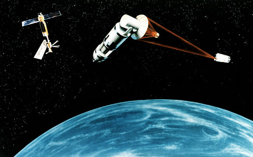 Completely unrelated, this artists' rendering of Reagan's proposed Strategic Defense Initiative, or "Star Wars," is how this writer imagines climate change blasting lasers. Credit: Wikipedia