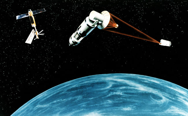 Completely unrelated, this artists' rendering of Reagan's proposed Strategic Defense Initiative, or 'Star Wars,' is how this writer imagines climate change blasting lasers. Credit: Wikipedia