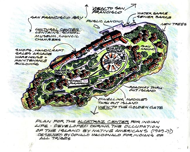 Donald MacDonald Architects' master plan to redevelop Alcatraz Island as a community for Native Americans (1970). Courtesy of Architizer.