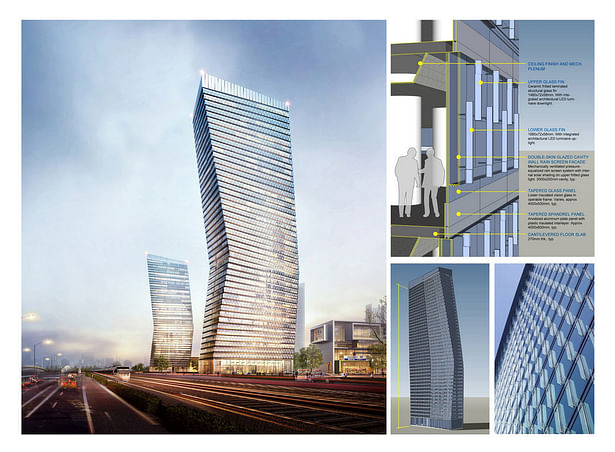 Perspective view of proposed 200m, 52-story hotel tower; facade architectural concept diagram