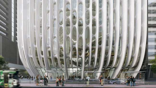 A close-up of the curved sculptural columns on Zaha Hadid's 600 Collins Street. Render by VA ©Zaha Hadid Architects’