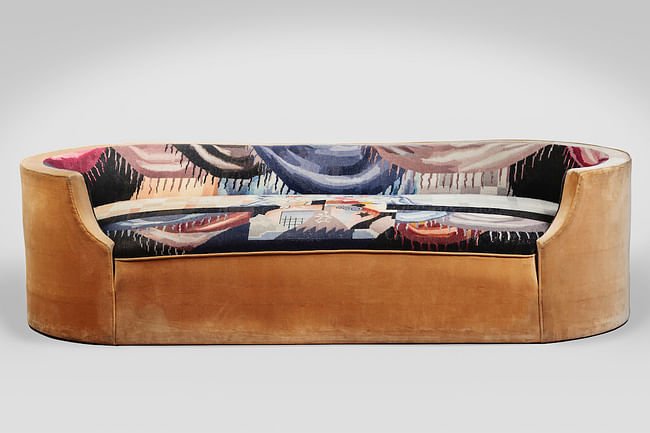Corbeille sofa (MP169), 1923, designed by Pierre Chareau (French, 1883-1950) with upholstery designed by Jean Lurçat (French, 1892-1966), velours and tapestry, 231⁄2 × 771⁄4 × 171⁄4 in. (59.7 × 196.1 × 43.9 cm). Audrey Friedman and Haim Manishevitz, Primavera Gallery