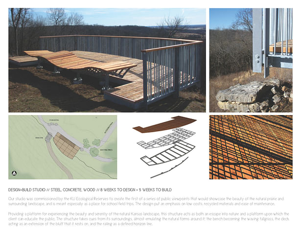 Top Left: Construction photo showing the deck and bench nearly completed. Top Right: Railing connection details. Bottom Left: Site plan. Bottom Middle: Layering of structures and decking. Bottom Right: Shadows from the railing overlaid on top of the pattern of the deck planking.