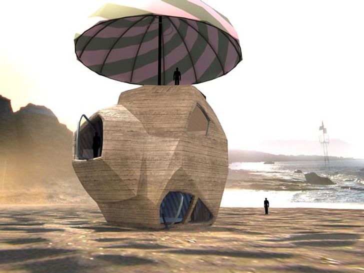 Angelidakis' 'Menir House' is a 'house shaped like a rock sitting under an umbrella on the beach.' It was originally designed for a competition, although never submitted. Credit: Andreas Angelidakis