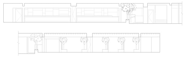 Elevation of bar and entrance above, and elevation of VIP sections below