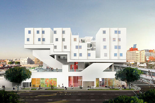 Rendering of the Michael Maltzan-designed Star Apartments in the heart of downtown LA's Skid Row. (Image via kcet.org)