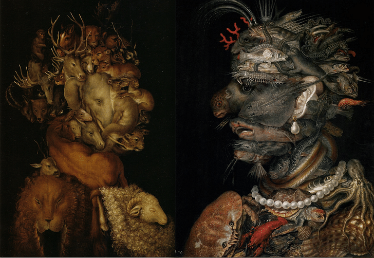 'Earth' (c. 1566) and 'Water' (1566) by Giuseppe Arcimboldo. Arcimboldo's paintings are a fitting analogy for the non-human composition of the human body, mimicking the way this recognition seems to withdraw and re-emerge from our field of perception. Credit: WikiCommons