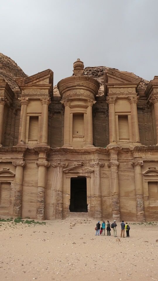 The scanning team looking up at the Monastery, the largest monument at Petra, Jordan. Courtesy of Emma Pound/Atlantic Productions
