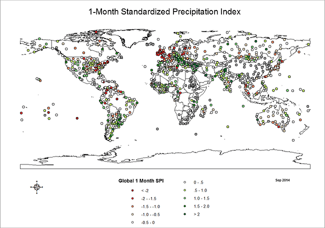 This standardized precipitation index shows global rainfall in Sept. 2014. Credit: Global Drought Information System