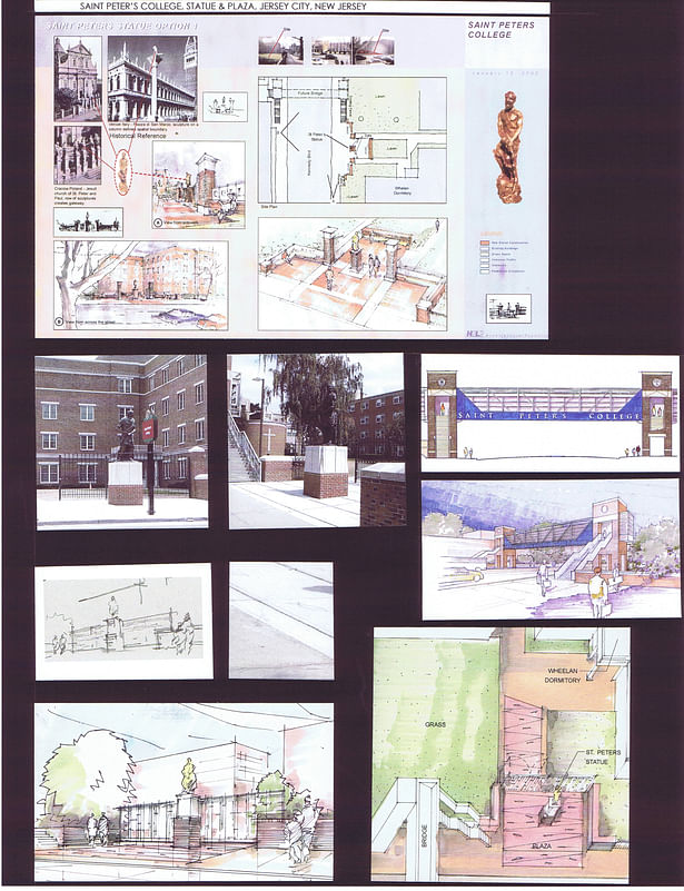 Sketches and photos of built plaza and statue