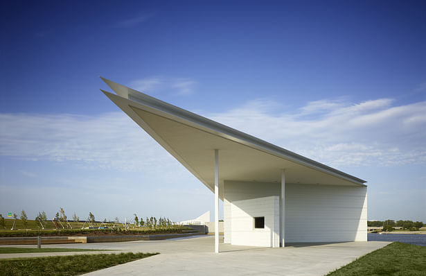 The Raft Building roof extends to provide protection to white water enthusiasts as they check in and get orientation. 