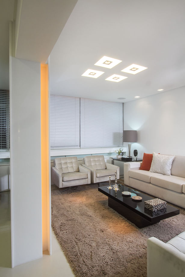 Detail of white glass column between living and tv room