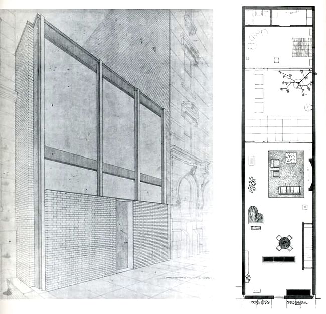 Rockefeller Guest House, 242 East Street, New York City, plan and street facade rendering. Image: Philip Johnson