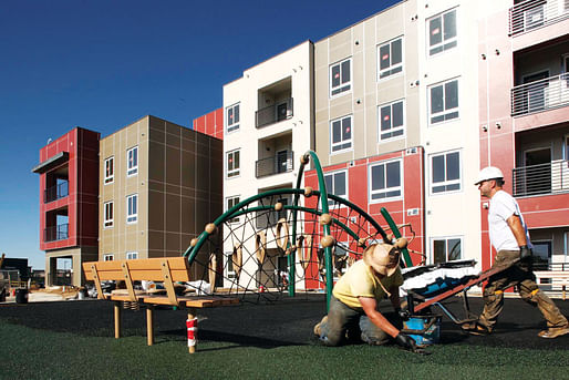The Bluff Lake affordable rental apartments near MLK Blvd and Havana in Denver, CO, built and managed by Mercy Housing, opened in June 2012.. Image via frontporchstapleton.com.