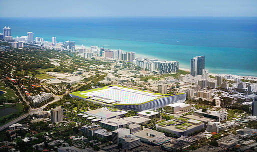 Aerial view of the proposed Miami Beach Square development by BIG, West 8, Fentress, JPA, Portman CMC (Image courtesy of BIG)