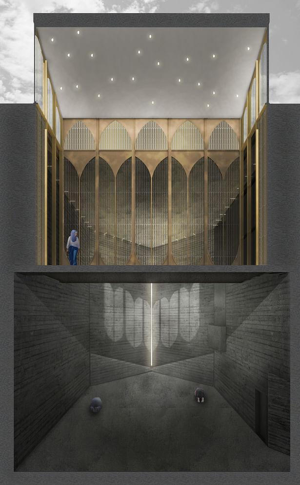 Prayer hall section: The women's space overlooks the men's space. Paradoxical condition of intimacy and control. The glistening in contrasted with the calm, a characteristic inherent in Moorish architecture.