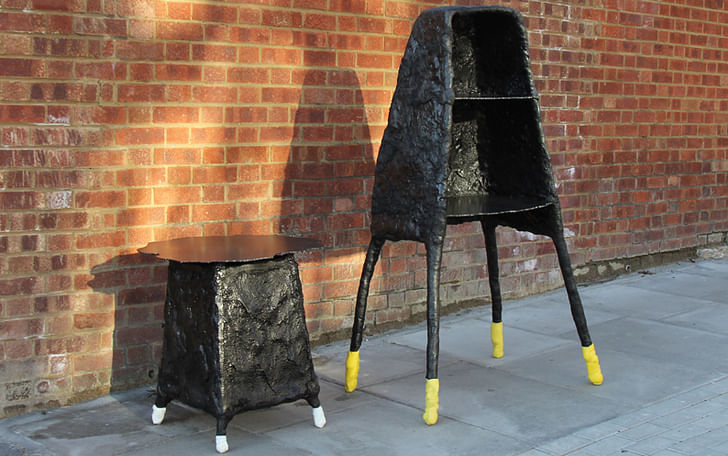 The results of Bitelli's 'White Liners' project was a series of furniture pieces constructed by placing asphalt around a metal armature with road-lining paint used for embellishment. Credit: Bitelli