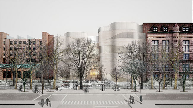 The view of the exterior façade of the Gilder Center from 79th Street and Columbus Avenue, including street trees and park plantings, as it would appear at opening. Courtesy of Studio Gang Architects 