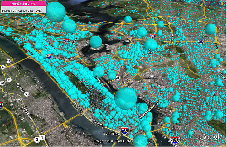 Datascape of NYC’s population, rendered in a light blue bubble model representation. Over 20K data-points rendered instantly. Data Source: UA census data