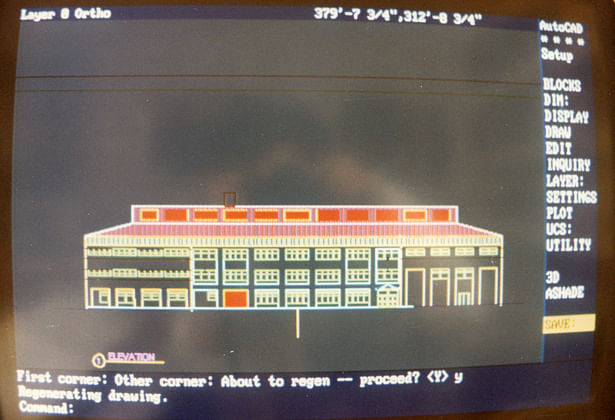 To make a 3D file I used the 4 elevations, make shapes of all individual surfaces, textured the materials by layers and set up for overnight rendering by bands. (the computer network crashed at midnight, lost all the settings and then I had to start all over again)