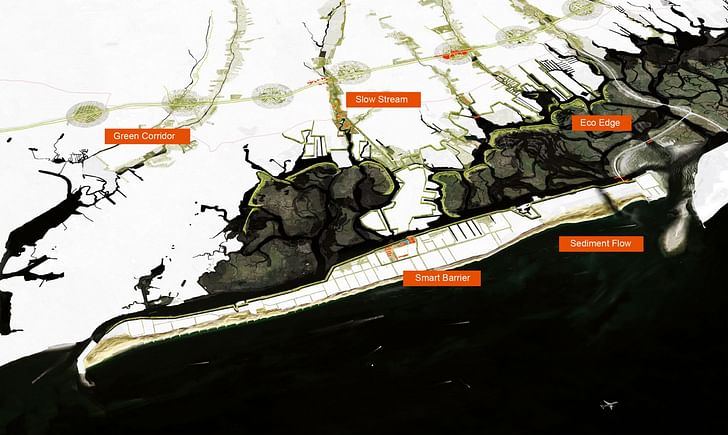 An aerial overview of Interboro Partner's plan, 'Living with the Bay'. Image credit: Interboro Partners