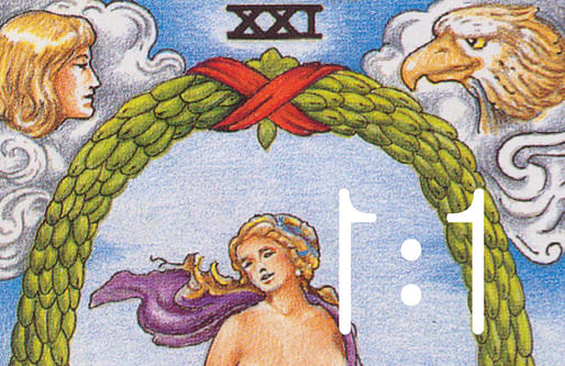 Featured tarot card: 'The World' from a Rider Waite Smith deck.