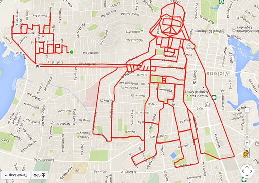 The art is already inside the city—you just have to expose it: Stephen Lund GPS-doodled this Dark Lord of the Sith onto the grid of Victoria, BC. (Image via gpsdoodles.com)