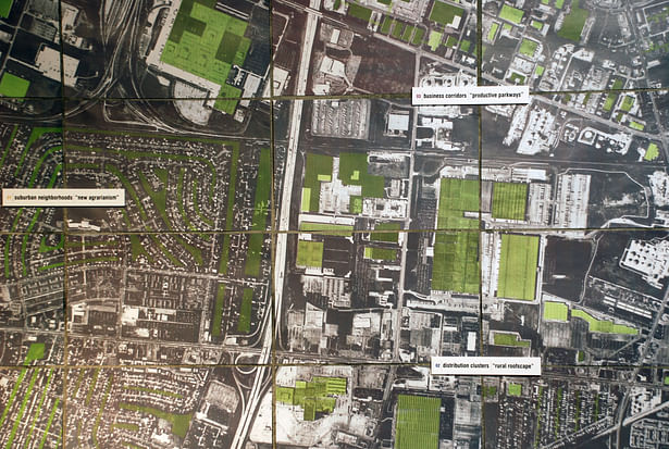 Closeup of Wall Map, which illustrates multiple development types and interventions from downtown Columbus, OH, to the Outer Belt (I-270)