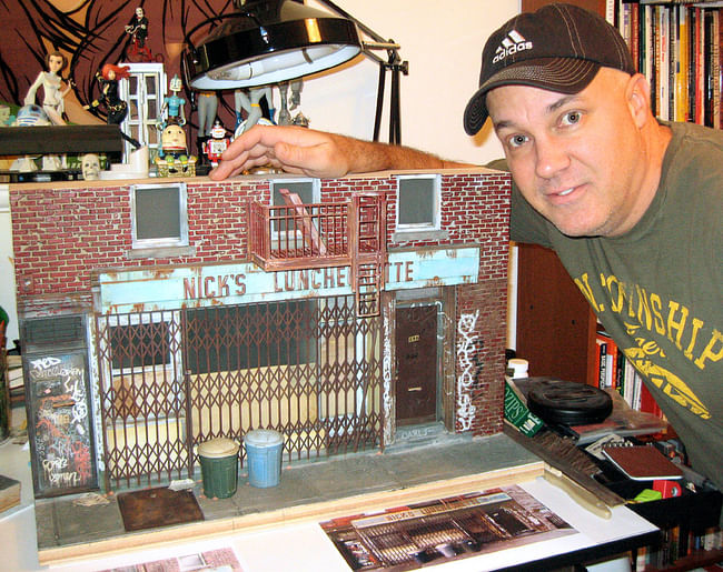 Randy Hage with scale model of Nick's Luncheonette,now closed, at 196 Broadway in Brooklyn