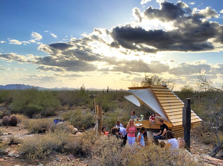 The Taliesin community celebrates 'Icarus', a new desert shelter, at Taliesin West. Photo by Jason Silverman.