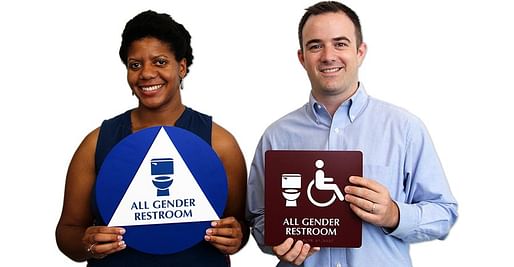 Sam Killermann (right) designed this all gender restroom sign, which is uncopyrighted and available (sometimes freely) from the company My Door Sign. Credit: Sam Killermann